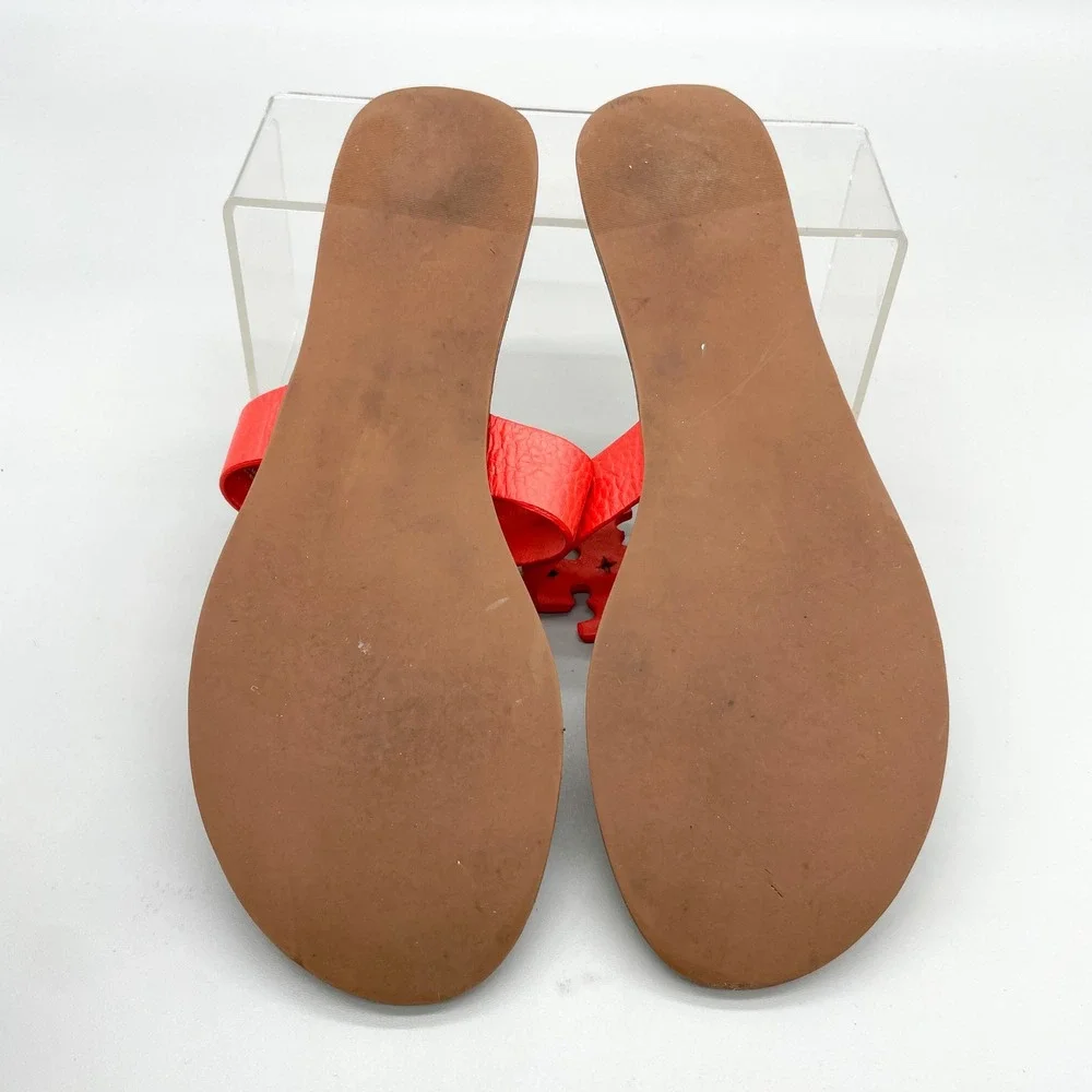 Tory Burch Moore Sandals Womens 10M Poppy Red Leather Logo Thong Flats Preppy